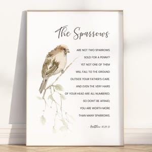 The Sparrows Bible Verse Wall Art Printable, Matthew 10:28-31 Christian Scripture Quote Modern Minimalist Watercolor Painting Poster print