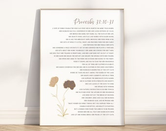 Proverbs 31 woman Modern Christian boho wall art print, Proverbs 31:10-31 Bible verse wall decor,  mothers day gift from daughter husband