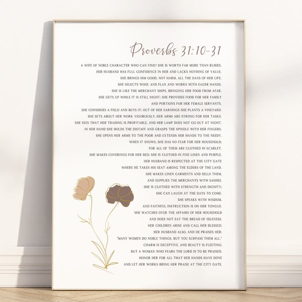 Proverbs 31 woman Modern Christian boho wall art print, Proverbs 31:10-31 Bible verse wall decor,  mothers day gift from daughter husband