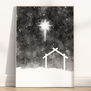 Ster van Bethlehem Jezus Stabiele christelijke afdrukbare muurkunst, moderne, minimalistische aquarel kerststaldecor, heilige nachtkunstwerk