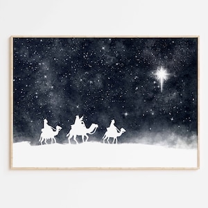 Ster van Bethlehem 3 wijze mannen Christelijke afdrukbare muurkunst, moderne minimalistische aquarel kerststal decor vakantie wenskaart