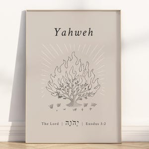 Yahweh minimalistische christliche Wandkunst zum ausdrucken, hebräischer Name Gottes-Der Herr יהוה Brennender Busch Bibelgeschichte Illustration Kunstwerk Posterdruck