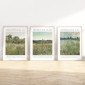 May include: Three framed prints with a nature scene and a bible verse. The top of each print reads "Philippians 1:6", "Romans 8:28", and "Ephesians 2:10".