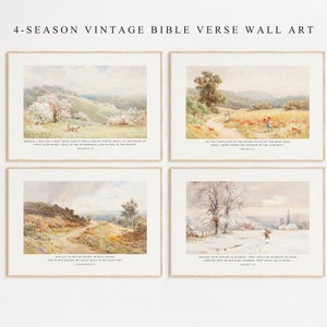 Christliche Vintage 4 Jahreszeiten Bibel Vers druckbare Wandkunst, Psalm Jesaja Galater Schriftzitat Religiöse Landschaftsmalerei Plakatdruck