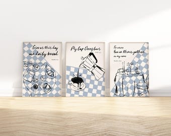 Christian Kitchen Set of 3 Bible Verse Wall Art Gallery Printable, Farmhouse Retro Scripture Quote Decor