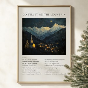 Vai a raccontarlo sulla montagna, inno natalizio, stampabile, arte murale, testo della canzone natalizia della chiesa cristiana, dipinto a olio su tela, opera d'arte natalizia