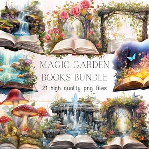 Aquarell Fantasy Bücher PNG Magischer Garten Clipart Offenes Buch Magische Bücher Bündel Stapel Bibliothek Frühling Illustrationen Süßes Märchenbuch PNG