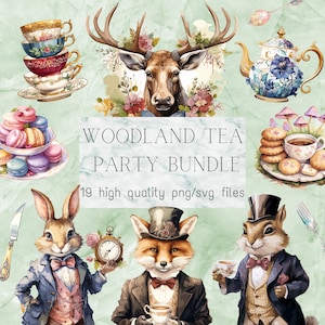 Woodland Tea Party Clipart Wald PNG viktorianische Tiere SVG Illustration Teetassen Zylinderhut Tiere Tea Time Scrapbook Garten Dekor Vintage