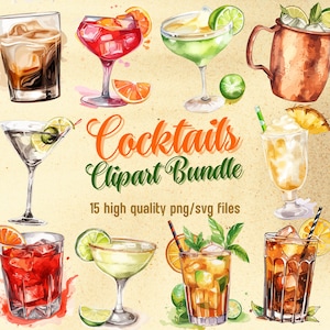 Watercolor Cocktails PNG Summer Drinks Alcohol Clipart Bundle Signature Cocktails Beverage Illustration Mojito Martini Daquiri Negroni