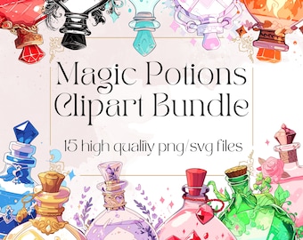 Magic Potions PNG Colorful Potion Bottles Clipart Apothecary SVG Wizard School Witchcraft Illustrations Wizard Party Decor Commercial Use