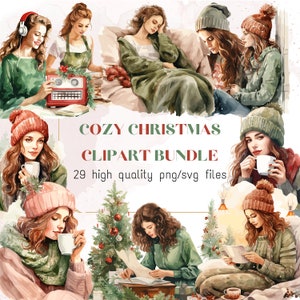 Gemütliche Weihnachten Clipart Bundle Winter Mode Mädchen PNG Gemütliche süße Lady Illustration Urlaub Saison Junk Journal Scrapbook Kommerzielle Nutzung