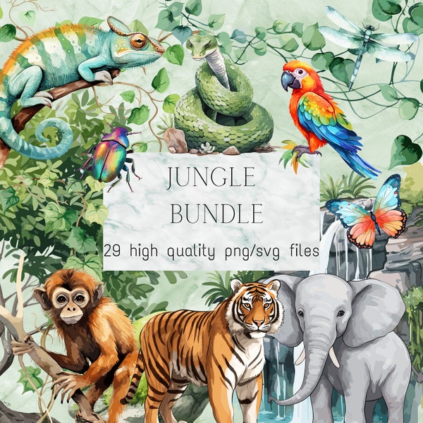 Watercolor Jungle Clipart Jungle Animals PNG Safari SVG Foliage Leaves Jungle Nursery Decor Birthday Invitations Monkey Tiger Elephant Tucan