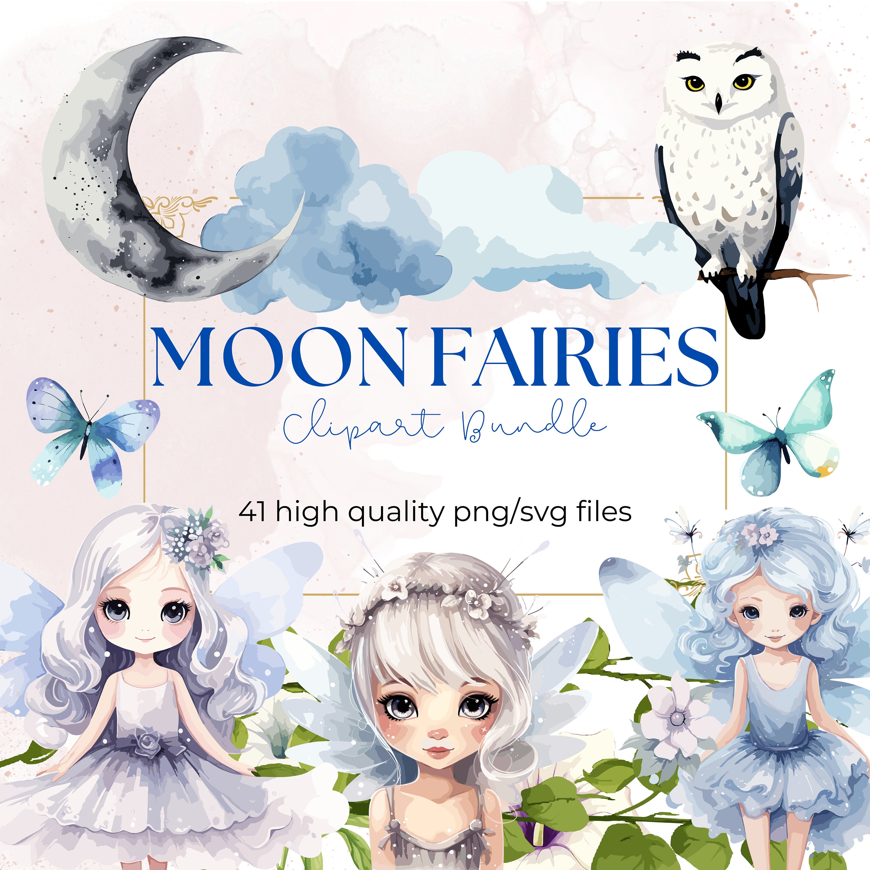 Watercolor Moon Fairies Clipart Celestial Fairies PNG Magical Garden Clipart Flowers Enchanted Forest Crescent Moon PNG Commercial Use