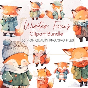 Lot de cliparts mignons renards de Noël aquarelle bébé renard mode hiver mignons animaux de la forêt PNG Illustrations de vacances confortables à usage Commercial