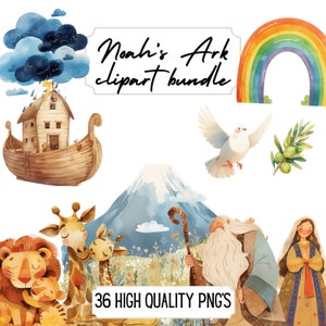 Aquarela Arca de Noé Clipart Cristão Clipart Pacote Animais Escola Bíblica Artesanato para Crianças Religioso PNG História Bíblica Aprendizagem Imagens