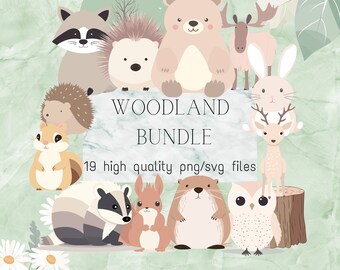 Woodland Creatures Clipart PNG Transparent Animals Illustration Nursery Decor Commercial Use SVG Fox Bear Owl Badger Racoon Fox Forest