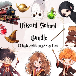 Chibi Wizard School Clipart Cute Witch Illustration Sticker Use Kawaii Wizarding School PNG Magic Bundle Movie SVG Magic School