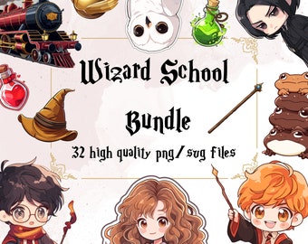 Chibi Wizard School Clipart Mignon Sorcière Illustration Autocollant Utiliser Kawaii Wizarding School PNG Magic Bundle Film SVG Magic School