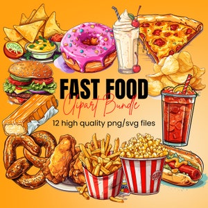 Fast Food Clipart Druckbare Essen PNG Aufkleber Junk-Food Scrapbook Restaurant Menü Burger SVG Pizza Hot Dog Sofort Download