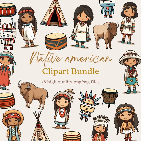 Native Americans Clipart Indians PNG Southwestern Illustration Cute Indigenous Tribe Bisons Drums Kachina Dolls Native Woman SVG