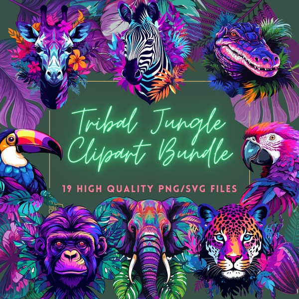 Watercolor Jungle Clipart Jungle Animals PNG Safari SVG Foliage Leaves Jungle Tribal Art Tattoo Design Monkey Tiger Elephant Tucan