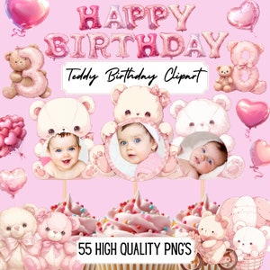 Teddy Bär Clipart rosa Baby Mädchen Geburtstag Clipart Cupcake Toppers PNG Kinderzimmer Dekoration Teddy Einladung Geburtstag Cake Toppers Bilderrahmen
