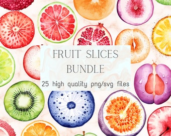 Watercolor Fruit Slices Fruit Clipart Fruits PNG SVG Clipart Set Of Orange Lemon Strawberry Apple Blueberry Raspberry Peach Pomegranade