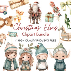 Christmas Elves Watercolor Clipart Santa&#39;s Workshop PNG Christmas Graphic Toy Shop PNG Boho Christmas Clipart Commercial use Transparent PNG