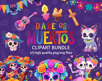 Dia De Los Muertos Clipart Mexikanische Halloween PNG Set Sugar Skulls SVG Day Of The Dead Calavera Sofortiger Download Hohe Qualität Transparent PNG