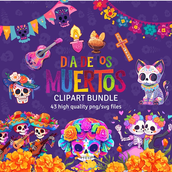 Dia De Los Muertos Clipart Mexican Halloween PNG Set Sugar Skulls SVG Day Of The Dead Calavera Instant Download High Quality Transparent PNG