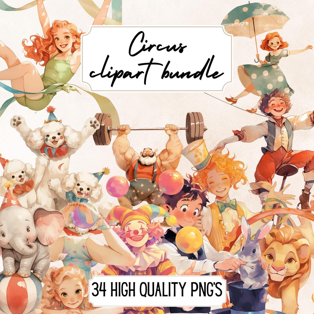 Circus Clipart Watercolor Circus PNG Clown Illustrations Cute Animal ...