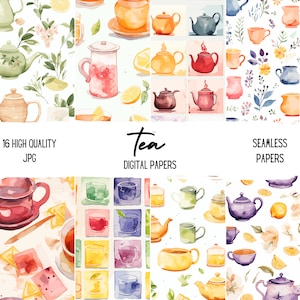 Tè ad acquerello Carte digitali Tè Modello senza cuciture Diario spazzatura Tè pastello Scrapbooking Fiore Tazza da tè PNG Forniture di carta per tea party da giardino
