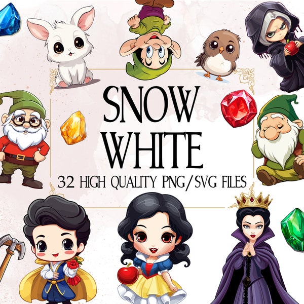 Snow White Clipart Chibi Snow White Princess PNG Seven Dwarfs SVG Fairy Prince Charming Evil Queen Commercial Use Instant Download Woodland