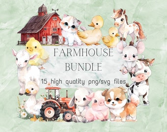 Cute Farm Animals Clipart Baby Animals PNG Farmhouse Kids Nursery SVG Commercial Use Tractor Puppy Kitty Little Animals Farming Illustration