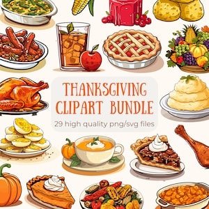 Ação de Graças Clipart Comida PNG Outono Ilustrações Pratos de Ação de Graças Torta de Abóbora Peru Assado Colheita de Milho Clipart Uso Comercial