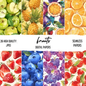 Frutas Papeles digitales Frutas Patrón sin costuras Ilustraciones de alimentos Rebanadas de frutas Diario basura Primavera Scrapbooking Fresa Manzana Arándano