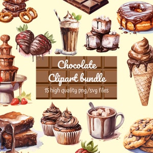 Watercolor Chocolate Sweets PNG Clipart Bundle Chocolate Treats SVG Dessert Illustration Instant Download Chocolate Muffin Chocolate Cookie
