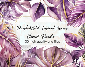 Watercolor Tropical Leaves PNG Clipart Purple Gold Leaves Jungle Leaves PNG Tropical Palm Tree Monstera Clipart Greenery Commercial Use