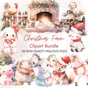 Bauernhof Tiere Clipart Weihnachten Tiere Aquarell Baby Tiere PNG Winter Tiere Urlaub Einladungskarte Kleine Tiere Kommerzielle Nutzung