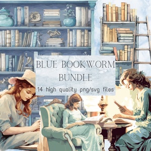 Bücherwurm Lesen Salbei Aquarell Clipart PNG Bibliothek Illustration Blau Viktorianisch SVG Buch lesen Süß Storybook Website Sofort-Download