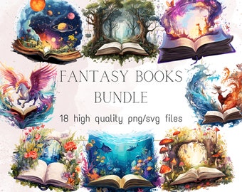 Watercolor Fantasy Books PNG Clipart Open Book SVG Magic Books Bundle Stack library Magical Illustrations Cute Storybook Spell Books PNG