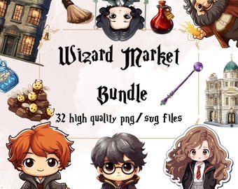 Chibi Wizard Market Clipart Cute Witch Illustration Sticker Use Kawaii Wizards Academia PNG Magic Bundle Movie SVG Magic School
