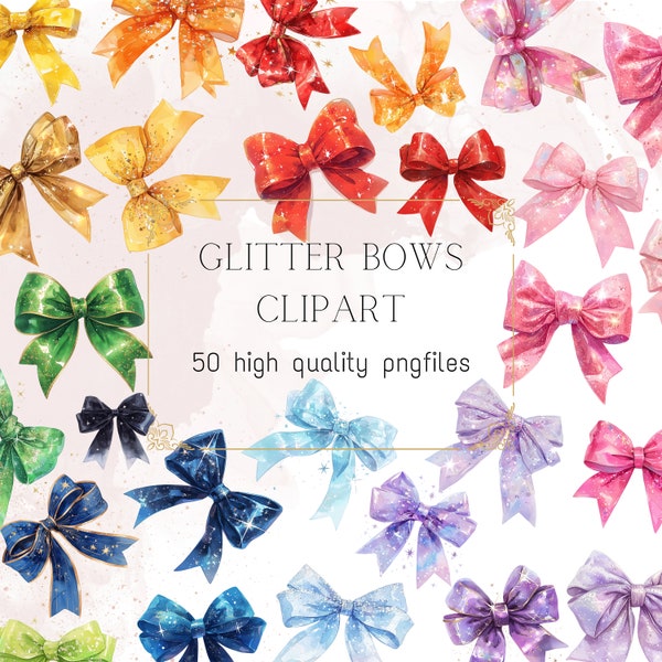 Watercolor Glitter Bows Clipart Colorful Ribbon PNG Rainbow Bows Card Making Illustrations Coquette Elegant PNG Invitation Sublimation