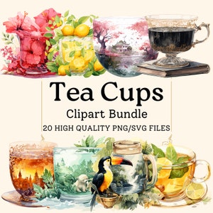 Aquarell Tee Tassen Clipart Fantasy PNG Tee Party Illustrationen Kräutertee Clipart Vintage Floral Tea Time kommerzielle Nutzung Sofort-Download