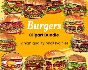 Burgers Clipart Retro Food PNG Hamburger SVG Fast Food Illustration Commercial Use Instant Download Food Menu Cheeseburger Hamburgers
