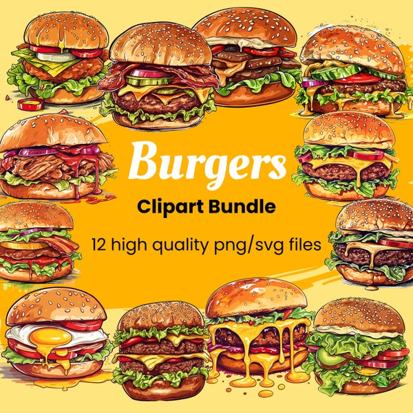 Burgers Clipart Retro Food PNG Hamburger SVG Fast Food Illustration Commercial Use Instant Download Food Menu Cheeseburger Hamburgers