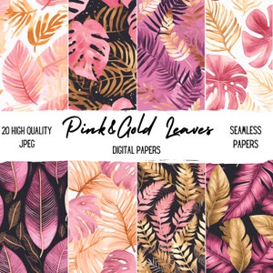 Folhas tropicais rosa e douradas, papéis digitais, folhas exóticas, papel sem costura, textura botânica, scrapbook, decoração de casamento, fundo, uso comercial