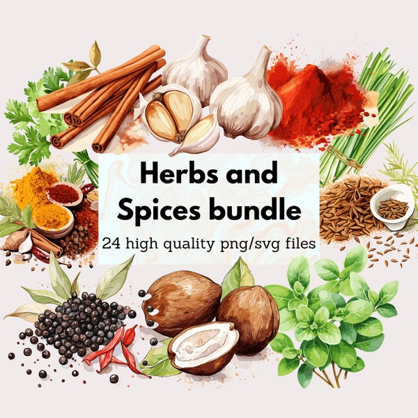 Watercolor Herbs and Spices PNG Kitchen Cliparts Herbs SVG Farmhouse Illustration Cooking Book Spices Paprika Basil Curry Leaves Commercial