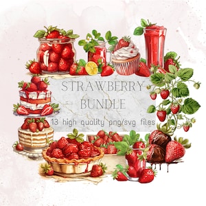 Clipart aquarelle aux fraises PNG haute qualité Scrapbooking aux fraises Graphisme SVG Gâteau aux fraises Cupcake aux fruits limonade
