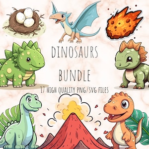 Cute Dinosaurs Clipart Dino PNG Prehistoric Animals SVG Nursery Decor Dinosaur Birthday Party Decor Wall Art T-rex Stegosaurus Pterodactyl
